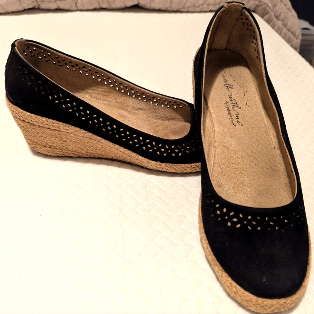 Walk With Me By Coldwater Creek Shoes Womens 9W Slip On Wedge Espadrille Black